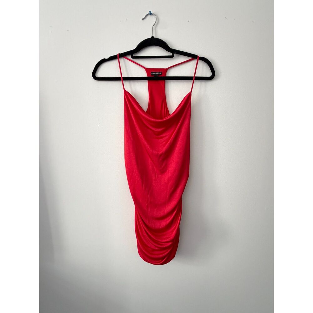 Express Women's Red Satin Ruched Racerback Cowl Neck Tank Top Size Medium